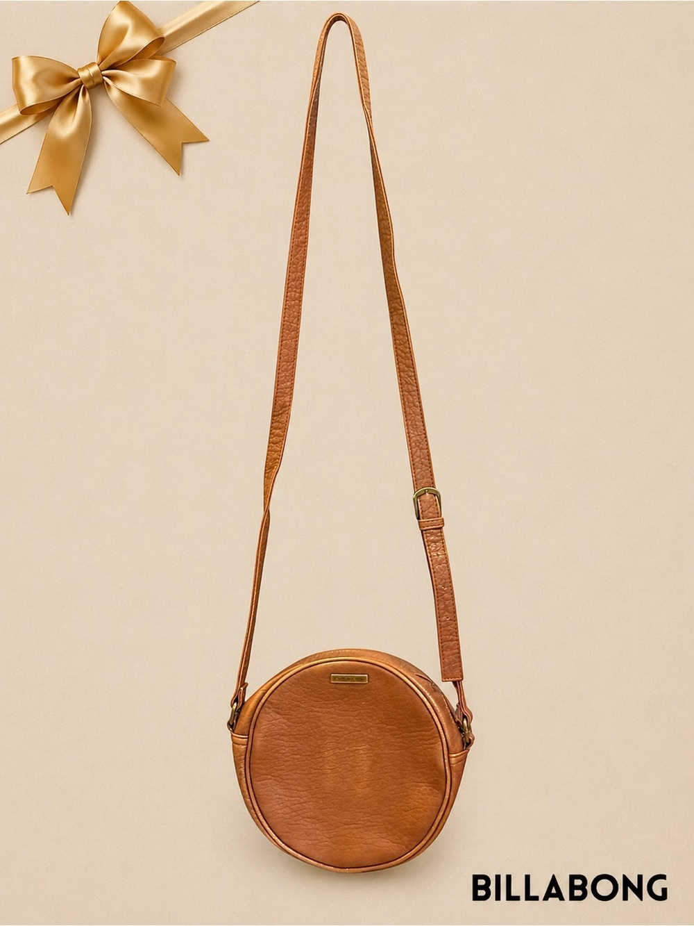 Billabong Tan Round Crossbody Bag Perforated Faux Leather Boho Festival